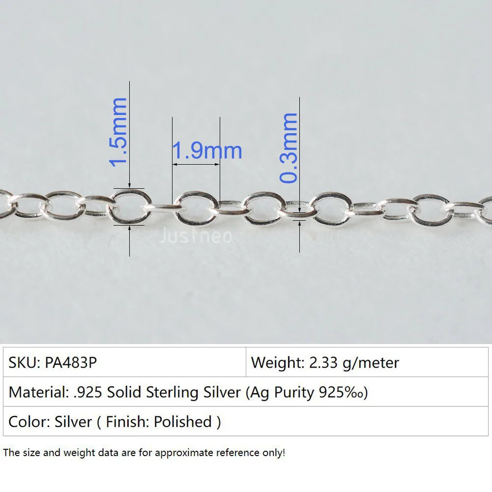 Solid 925 Sterling Silver Oval Cable Chain bulk Loose Rope Link for Jewelry making Diy Components and Findings, 1 meter