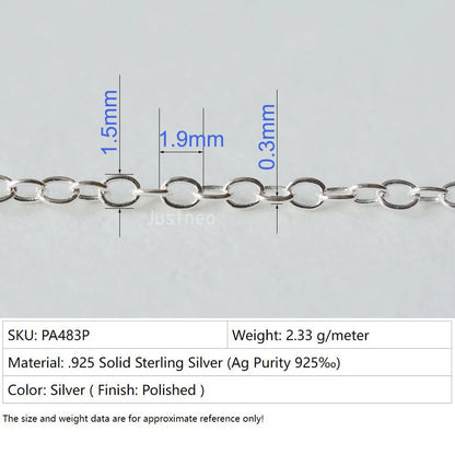 Solid 925 Sterling Silver Oval Cable Chain bulk Loose Rope Link for Jewelry making Diy Components and Findings, 1 meter