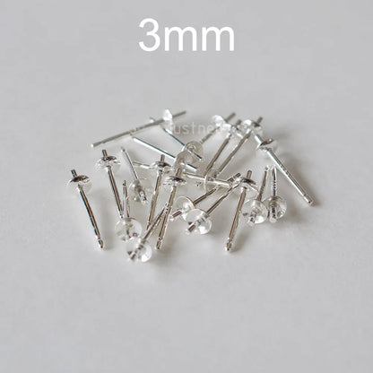 Solid 925 Sterling Silver Earring Studs Ear Post Finding with Cupped Pad for Holding Pearl Gemstone Beads
