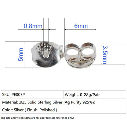 earnut,6mm(plain silver) solid 925 sterling silver earring backs,earring friction butterfly back stopper for earstuds,1pair