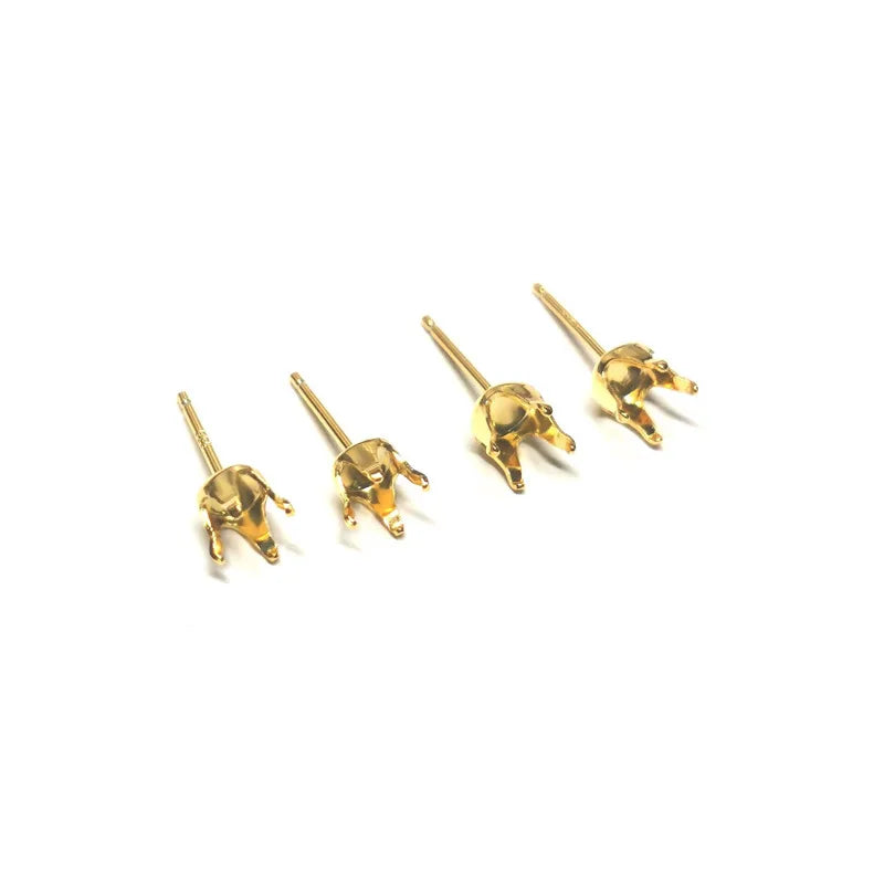 Solid 925 Sterling Silver Round Earring Stud Post 18K Gold Color Pronged for Jewelry Stones Beads Making Snaps in Setting