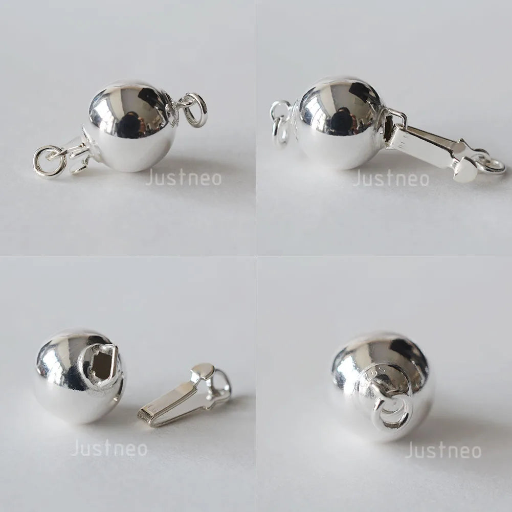 Solid 925 Sterling Silver Round Ball Box Clasp for Pearl Necklace Jewelry diy Components, 1 piece/lot