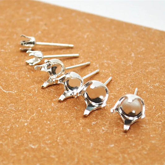 1 Pair Solid Sterling Silver Round Earring Stud Post Components Prongy for Jewelry Stones Beads Making Snaps in Settings