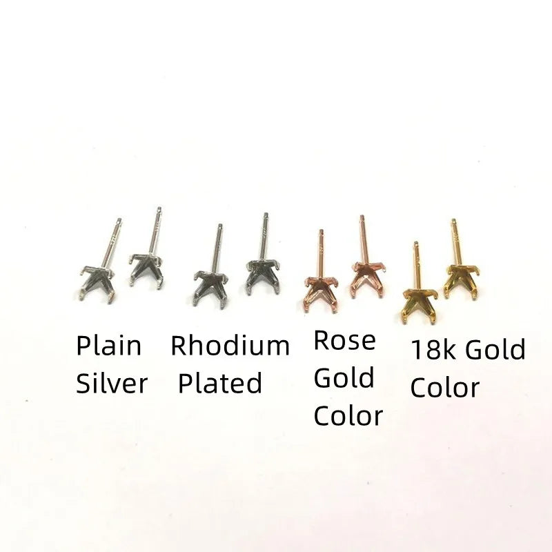1 Pair  S925 Sterrling Silver Blank Earring Post Stud 4 Claw Plating with 2.5 3 4 5 6 8mm Pad for DIY Jewelry Findings Making