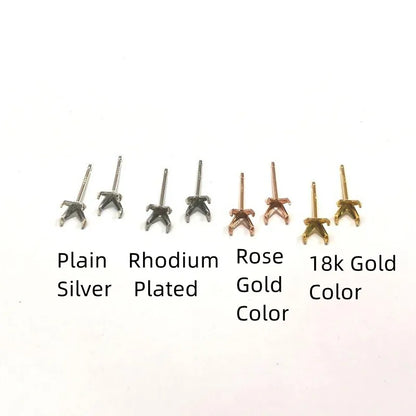 1 Pair  S925 Sterrling Silver Blank Earring Post Stud 4 Claw Plating with 2.5 3 4 5 6 8mm Pad for DIY Jewelry Findings Making