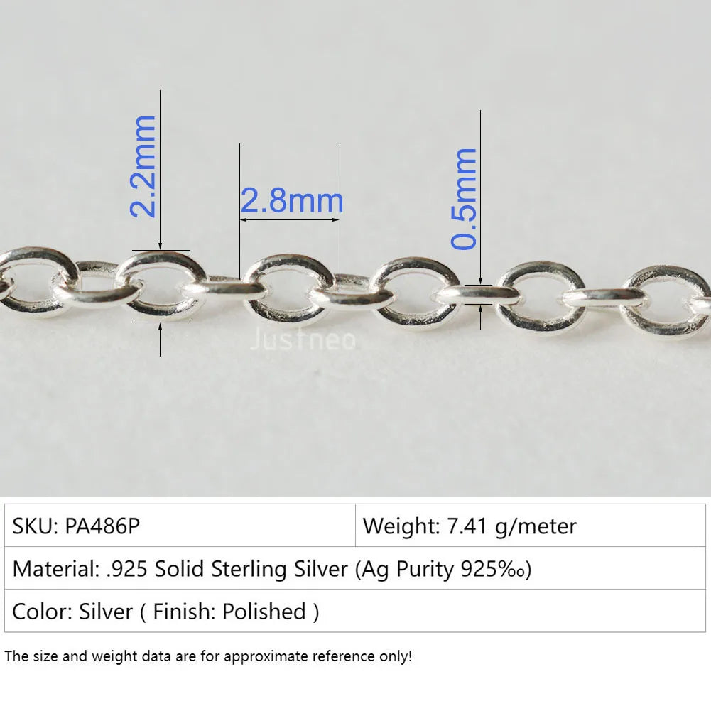 Solid 925 Sterling Silver Oval Cable Chain bulk Loose Rope Link for Jewelry making Diy Components and Findings, 1 meter
