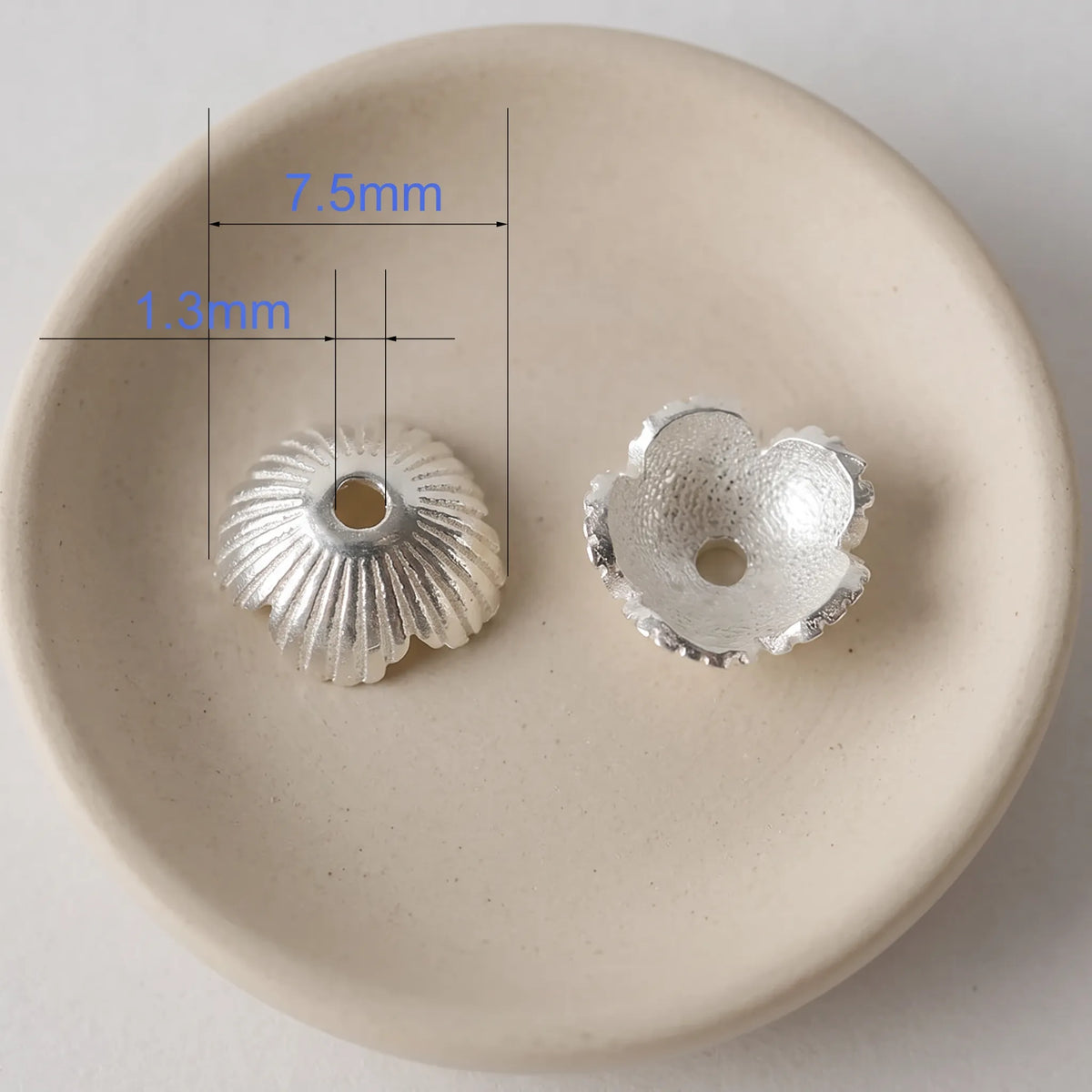 Sterling silver flower bead cap 7.5mm with 1.3mm center hole