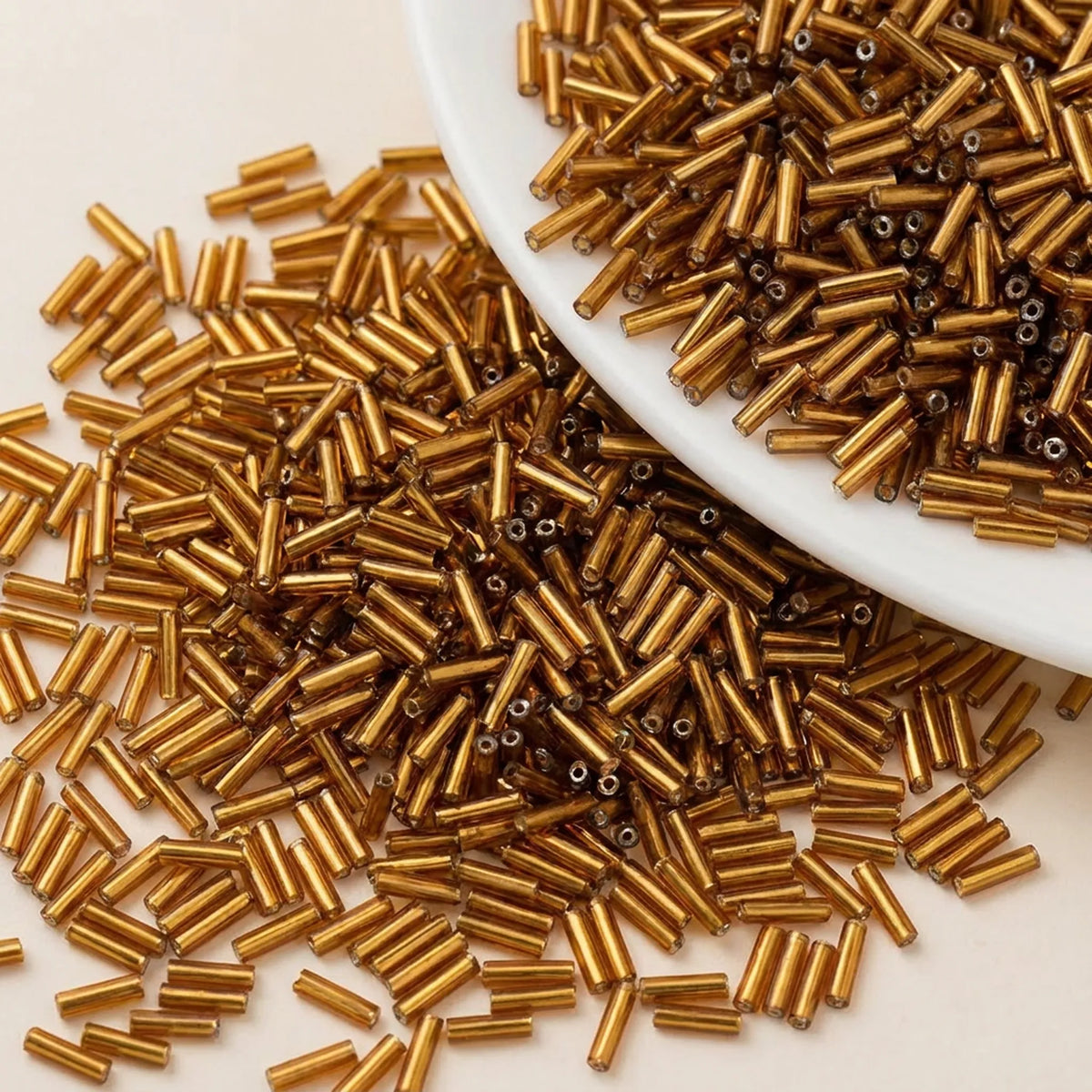 Antique gold 2x6mm long tube lined cylinder glass seed beads for jewelry making, 400pcs
