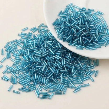 Aqua blue 2x6mm long tube lined cylinder glass seed beads for jewelry making, 400pcs