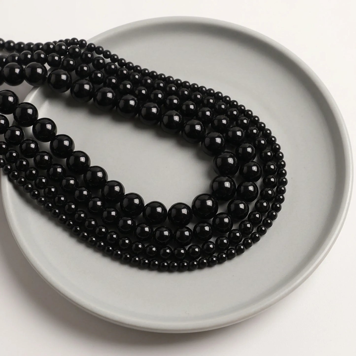 Natural black agate beads round stone strand