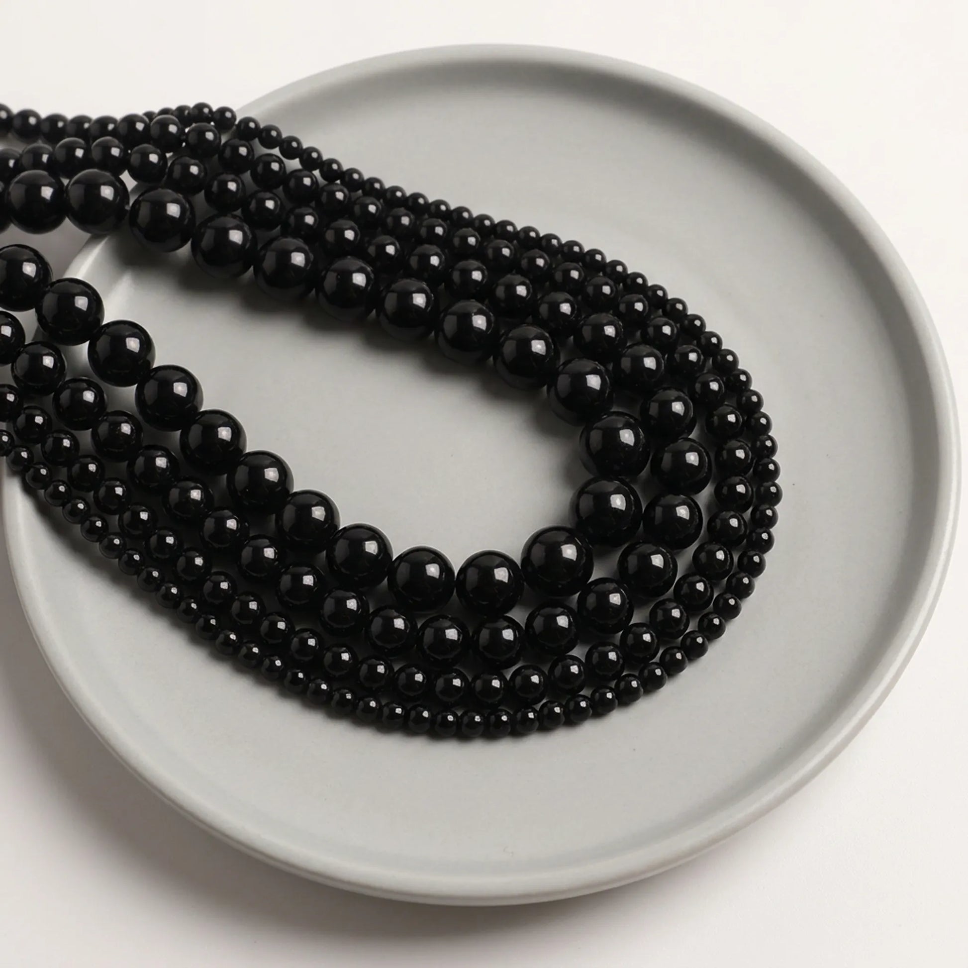 Natural black agate beads round stone strand