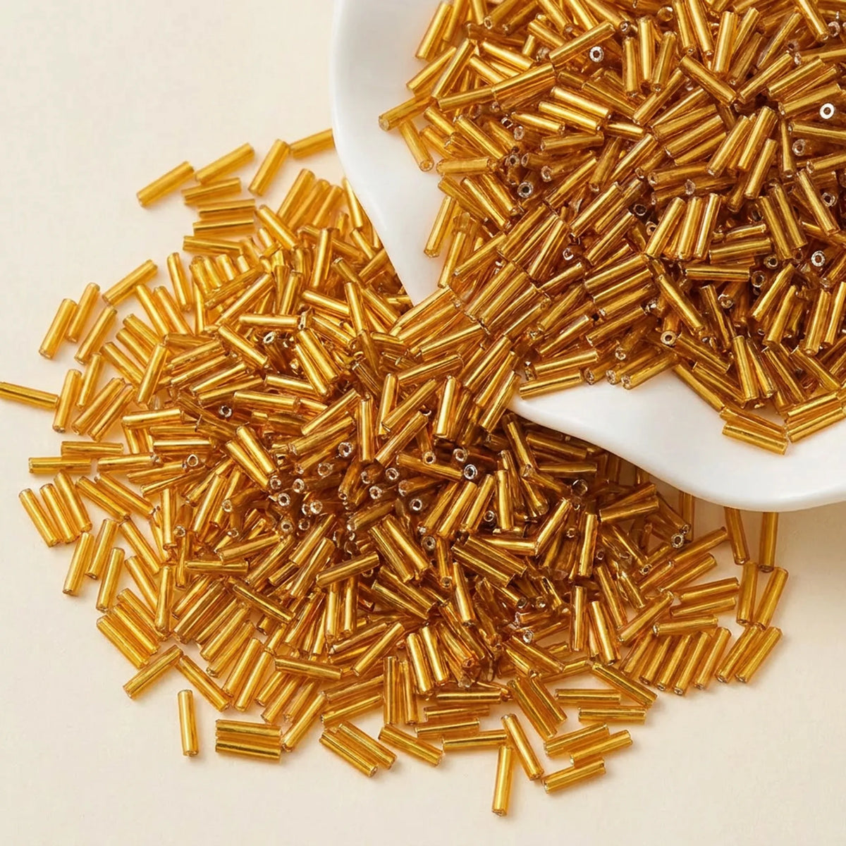 Bright gold 2x6mm long tube lined cylinder glass seed beads for jewelry making, 400pcs
