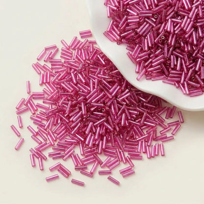 Bright pink 2x6mm long tube lined cylinder glass seed beads for jewelry making, 400pcs