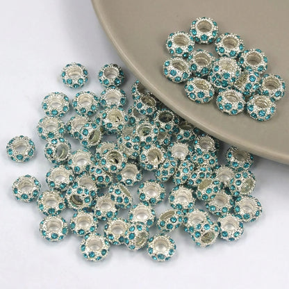 Aqua blue crystal rhinestone rondelle spacer beads 10mm with silver tone finish