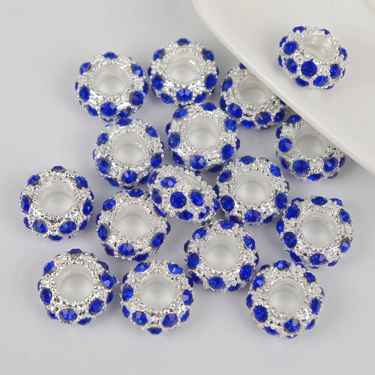 Bright blue crystal rhinestone rondelle spacer beads 10mm with 5mm large hole