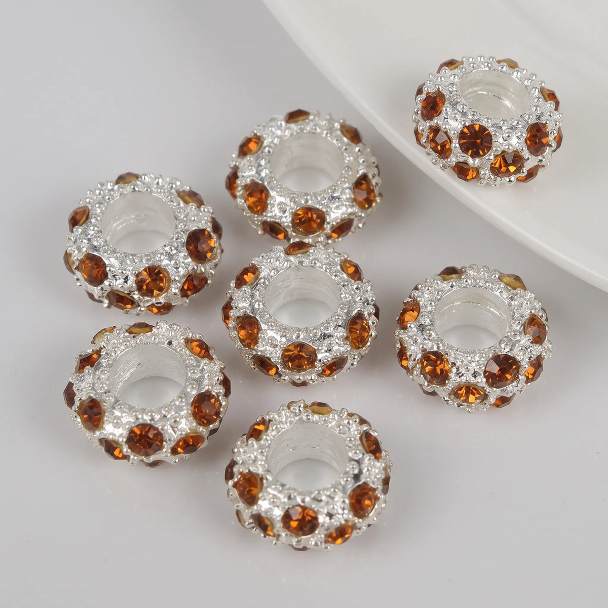 Brown topaz crystal rhinestone rondelle spacer beads 10mm with silver tone finish