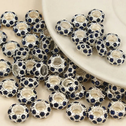 Dark blue crystal rhinestone rondelle spacer beads 10mm with large center hole