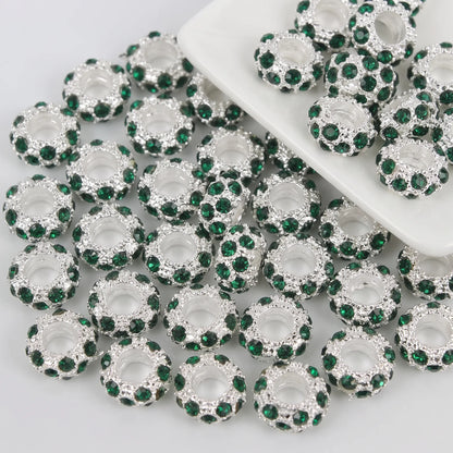 Emerald green crystal rhinestone rondelle spacer beads 10mm with silver tone finish