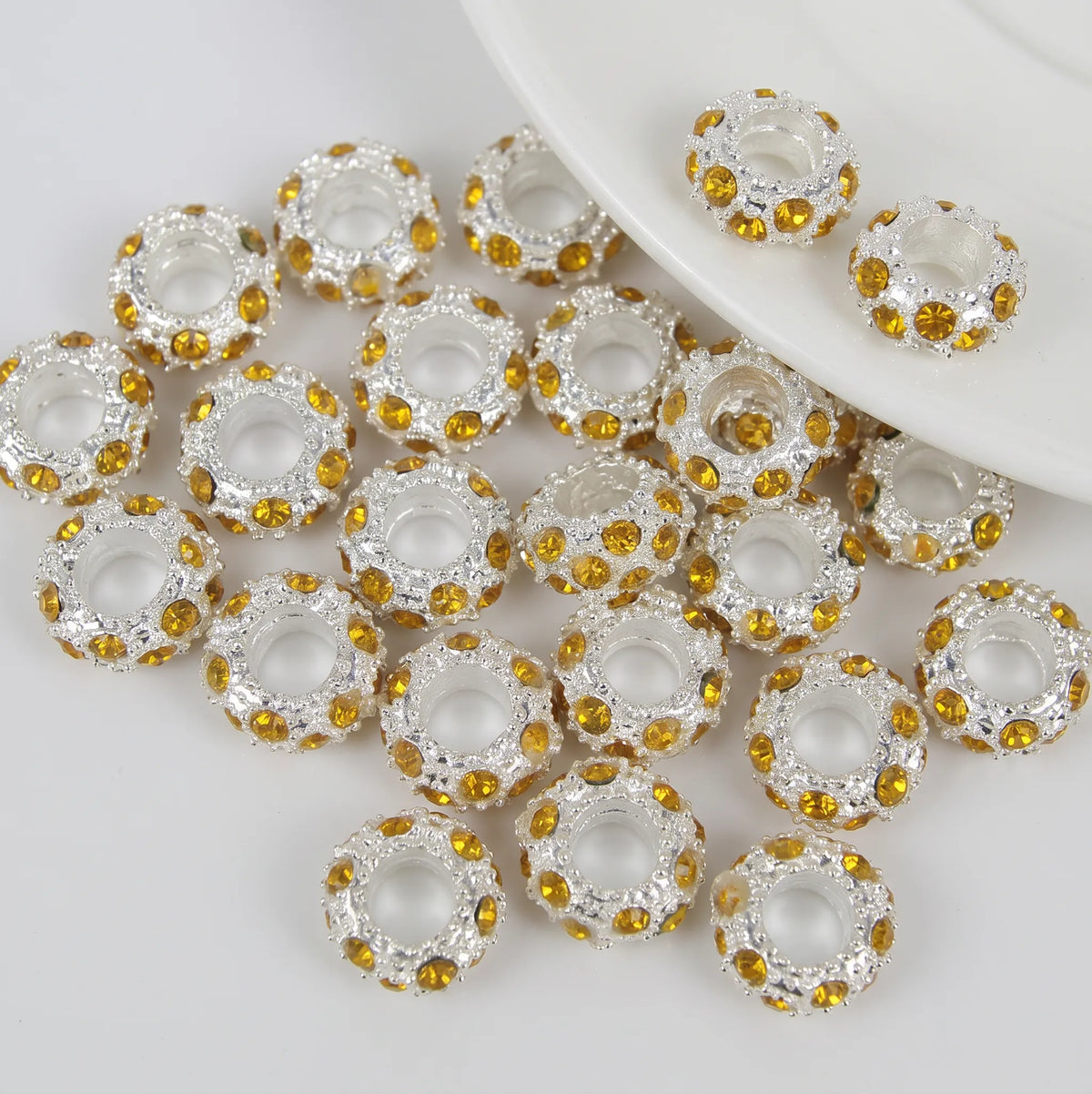 Golden yellow crystal rhinestone rondelle spacer beads 10mm with 5mm large hole