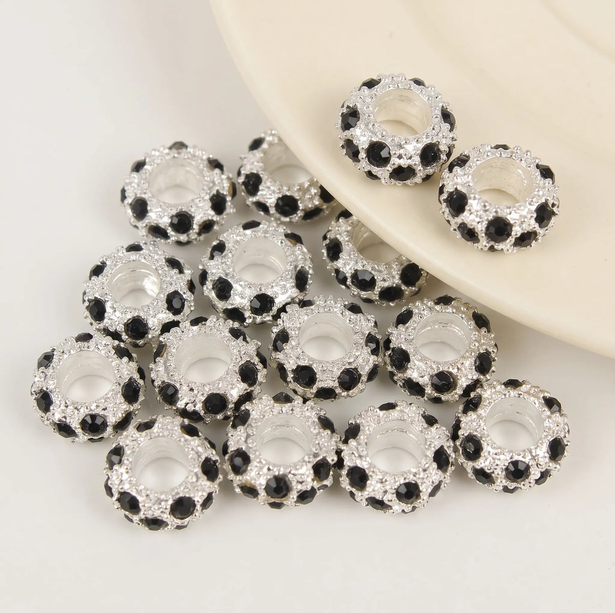 Jet black crystal rhinestone rondelle spacer beads 10mm with 5mm large hole