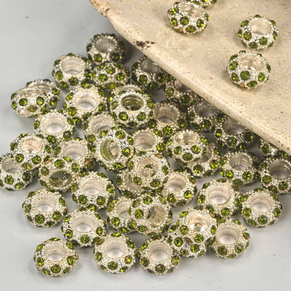 Olive green crystal rhinestone rondelle spacer beads 10mm with silver tone finish