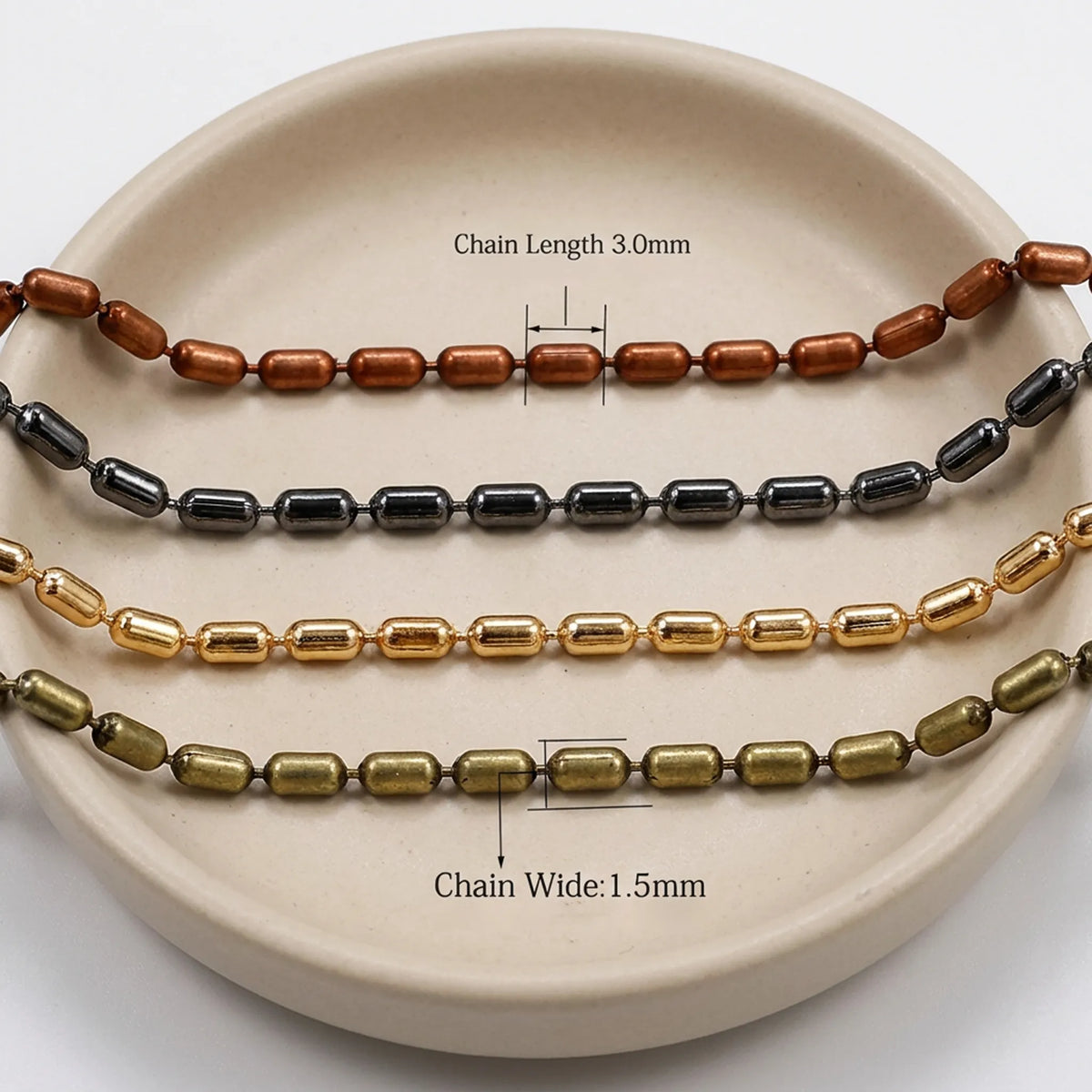 Cylindrical bead chain available in multiple sizes