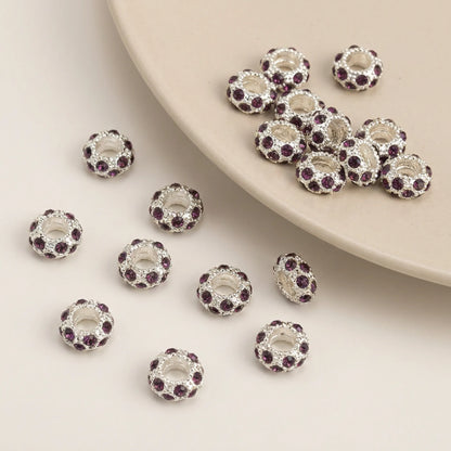 Dark purple rhinestone spacer beads with large holes and silver tone finish