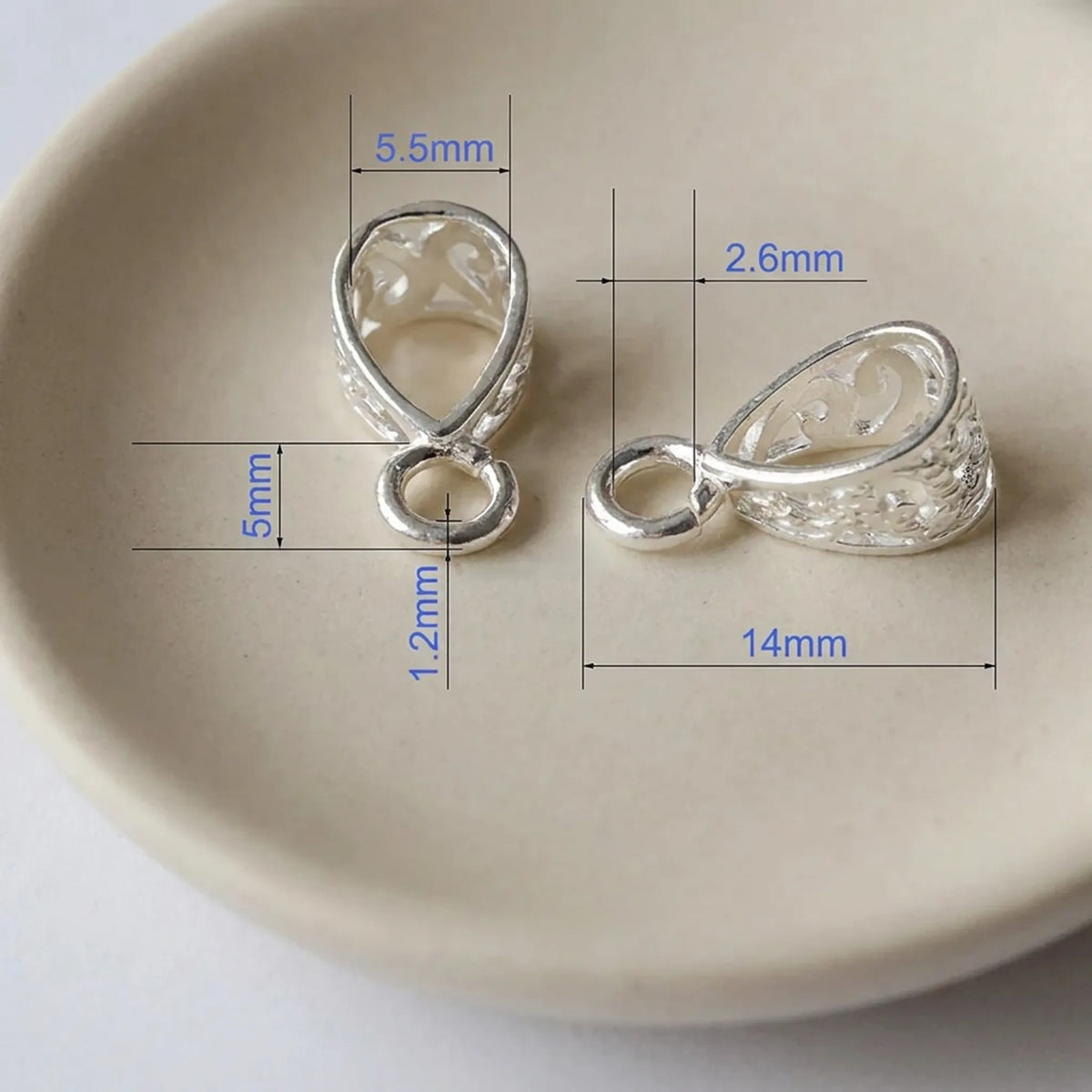 Decorative sterling silver pendant bail 14mm with 5.5mm opening and open ring dimensions