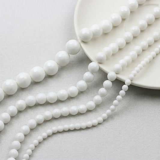 Faceted white alabaster beads round natural stone strand