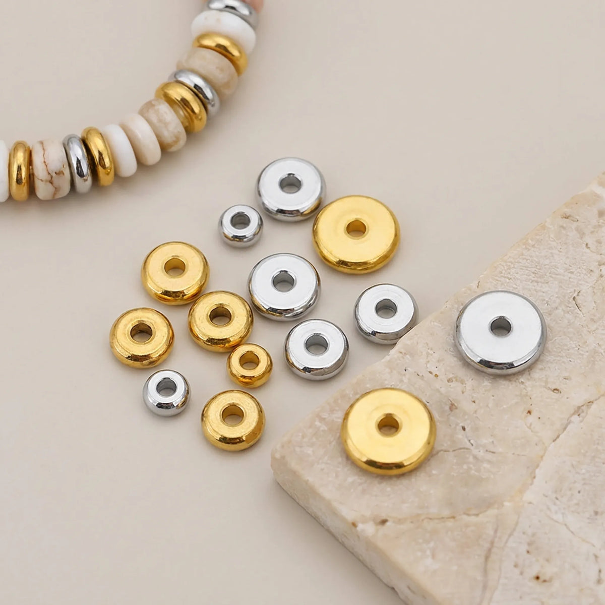 Flat round spacer beads used in a handmade bracelet design
