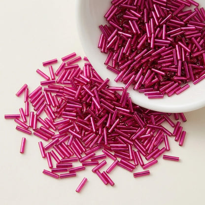 Fuchsia 2x6mm long tube lined cylinder glass seed beads for jewelry making, 400pcs