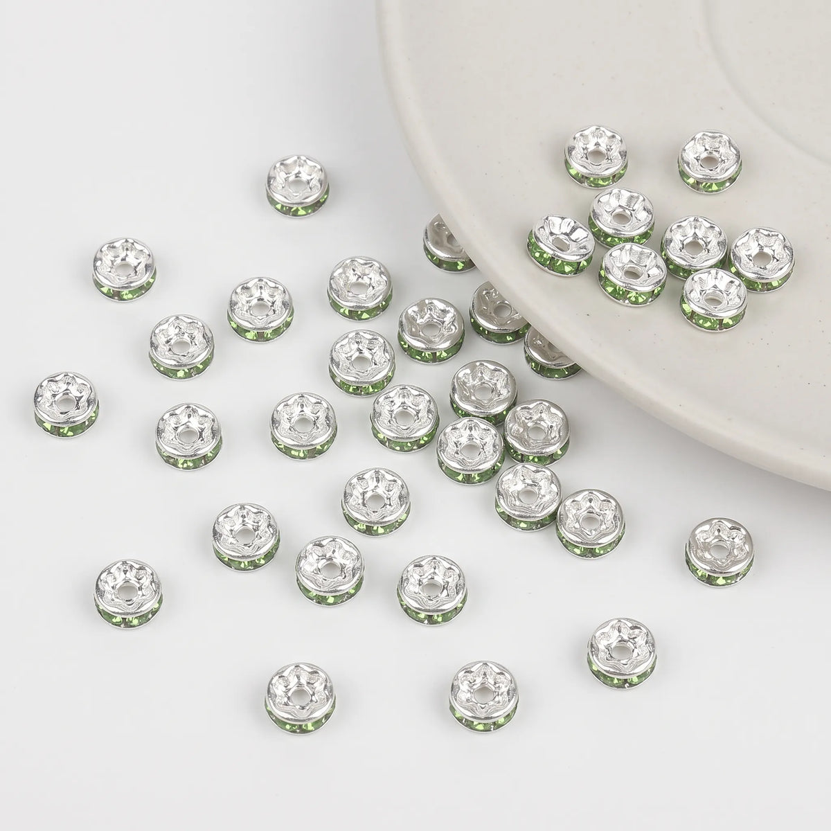 Green crystal rhinestone spacer beads with center holes for bracelets, necklaces and jewelry making