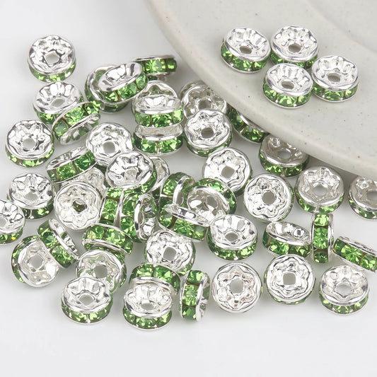 Green crystal rhinestone rondelle spacer beads with silver color metal settings for jewelry making