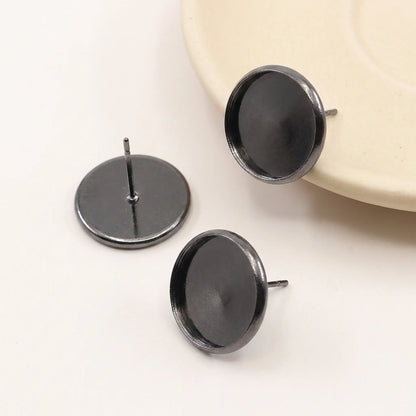 Gun black iron blank cabochon stud earring setting with round bezel tray