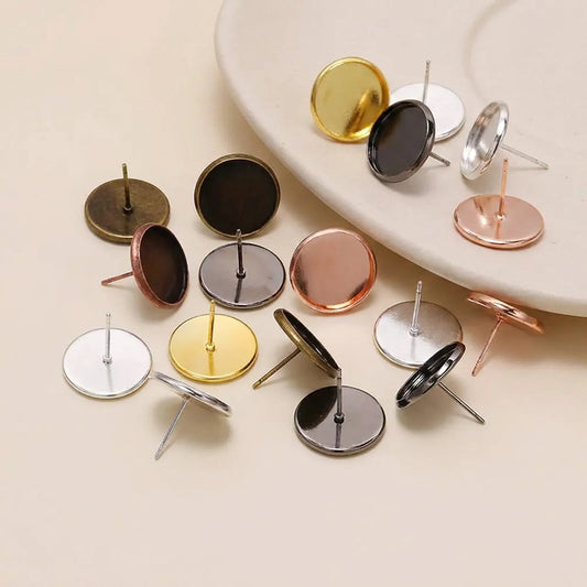 Iron blank cabochon earring bases in gold silver bronze gun black rose gold and rhodium finishes for DIY stud earrings 8mm 10mm 12mm 14mm 16mm 18mm 20mm