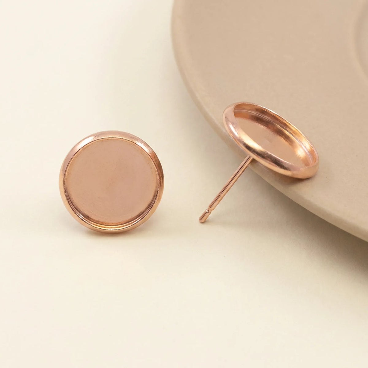 Rose gold iron blank cabochon stud earring base with round bezel tray