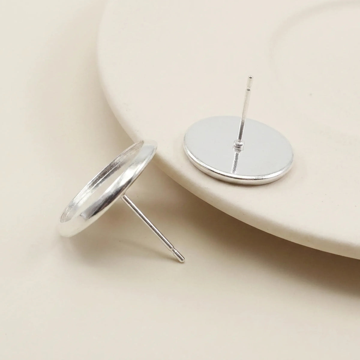 Silver iron blank cabochon stud earring base with round bezel tray