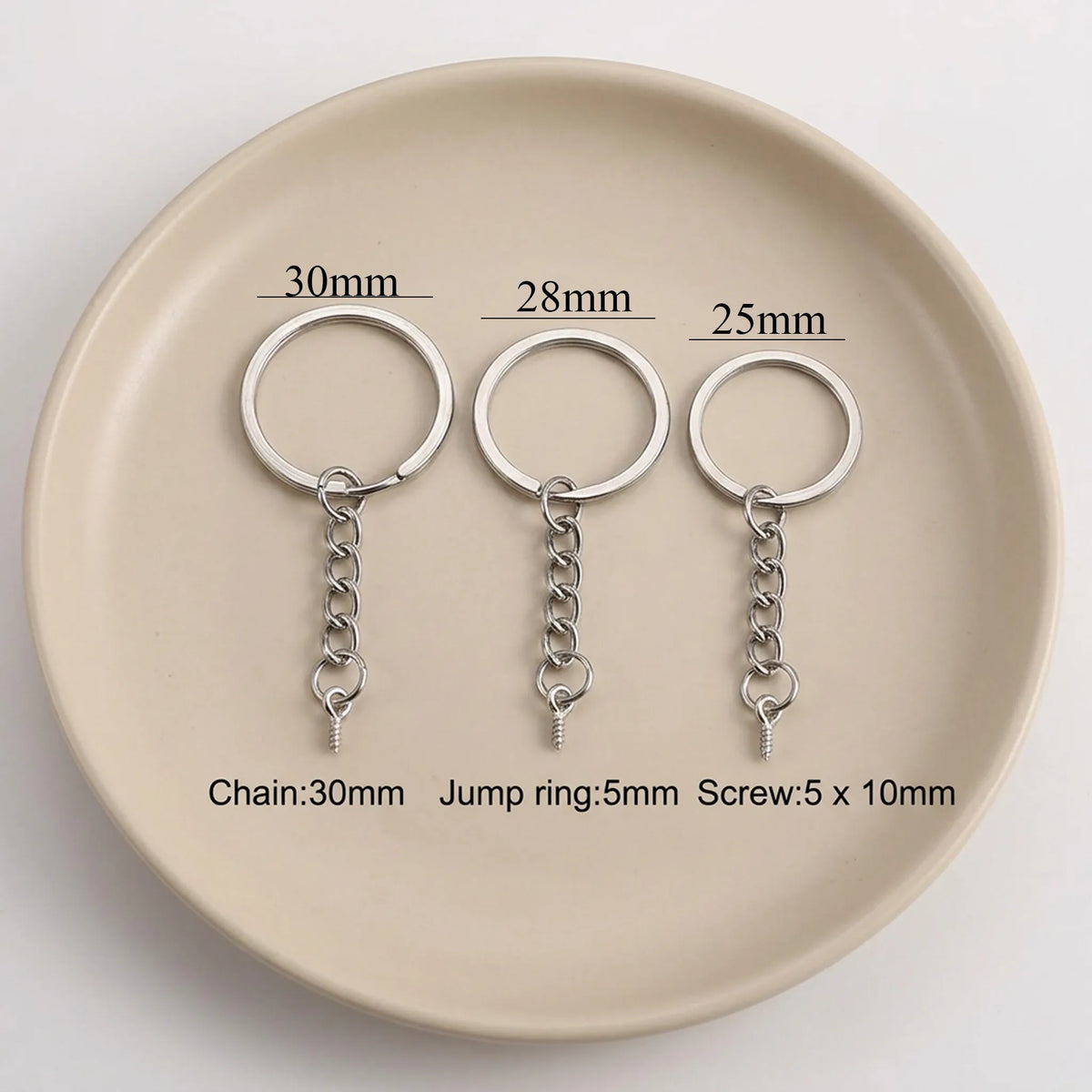 Key ring and eye screw set size guide showing 25mm 28mm and 30mm split key rings