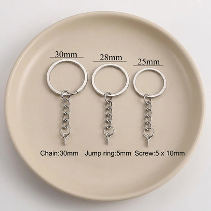 Key ring and eye screw set size guide showing 25mm 28mm and 30mm split key rings
