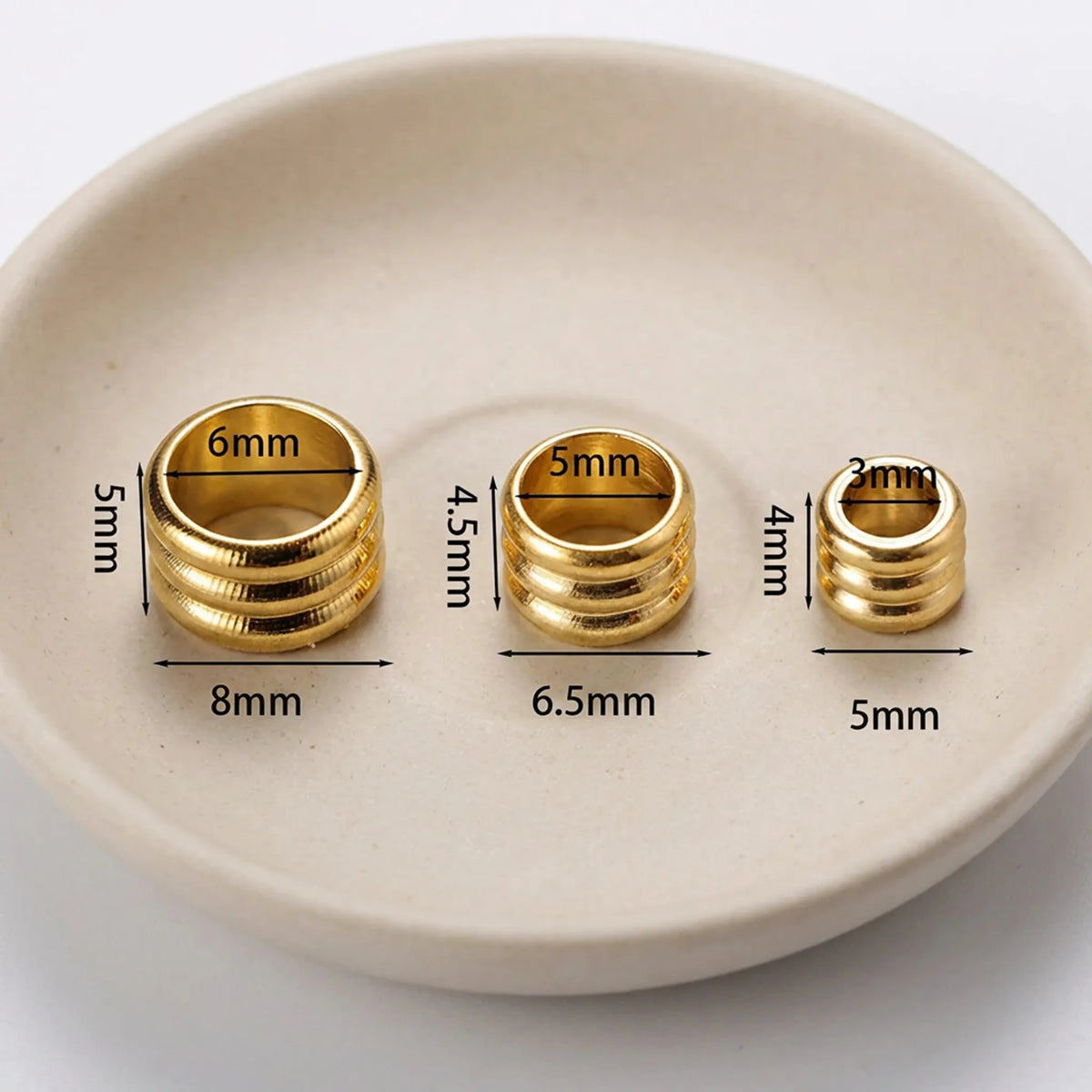 Large hole tube spacer beads size guide with 3mm 5mm and 6mm holes