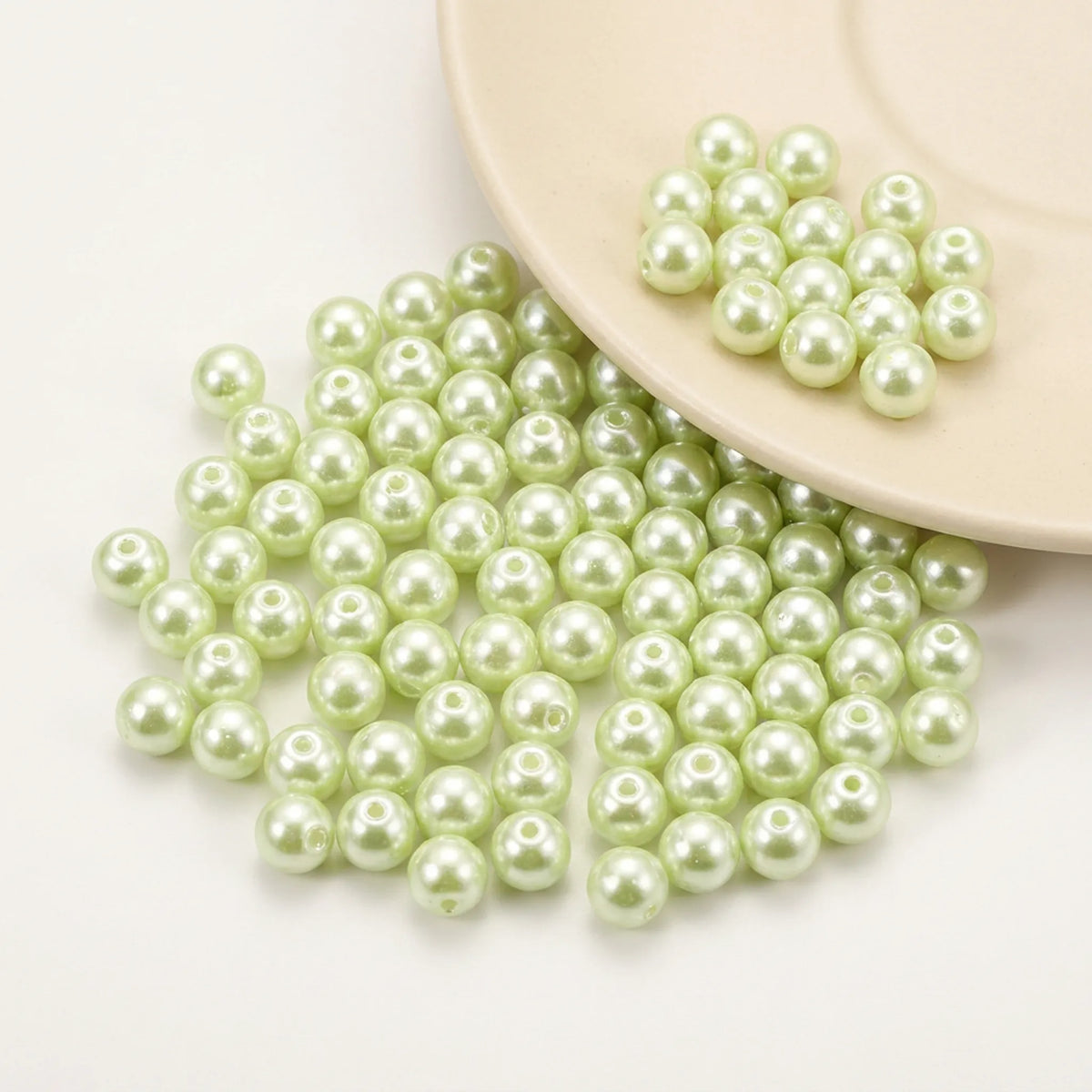 Close Up of Light Green Czech Glass Pearl Beads Pearl Coated Round Loose Glass Beads