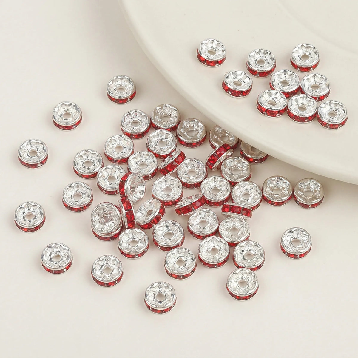Light Siam crystal rhinestone rondelle spacer beads with silver metal setting for jewelry making