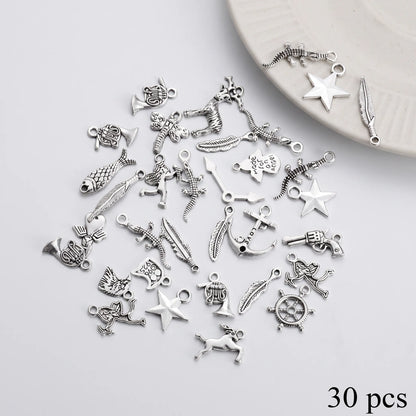 30pcs mixed silver tone charms for jewelry making in assorted designs