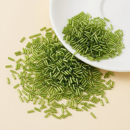 Olive green 2x6mm long tube lined cylinder glass seed beads for jewelry making, 400pcs