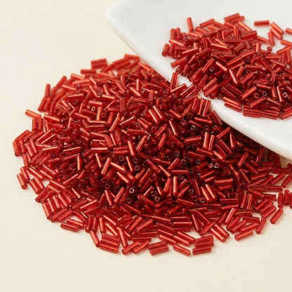 Ruby red 2x6mm long tube lined cylinder glass seed beads for jewelry making, 400pcs