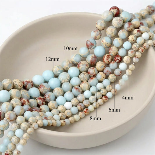 Shoushan Jasper bead size comparison showing 4mm 6mm 8mm 10mm and 12mm round beads