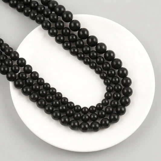 Shungite beads round black stone strand