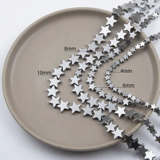 Silver flat star hematite beads available in multiple sizes