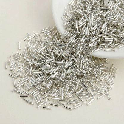 Silver 2x6mm long tube lined cylinder glass seed beads for jewelry making, 400pcs
