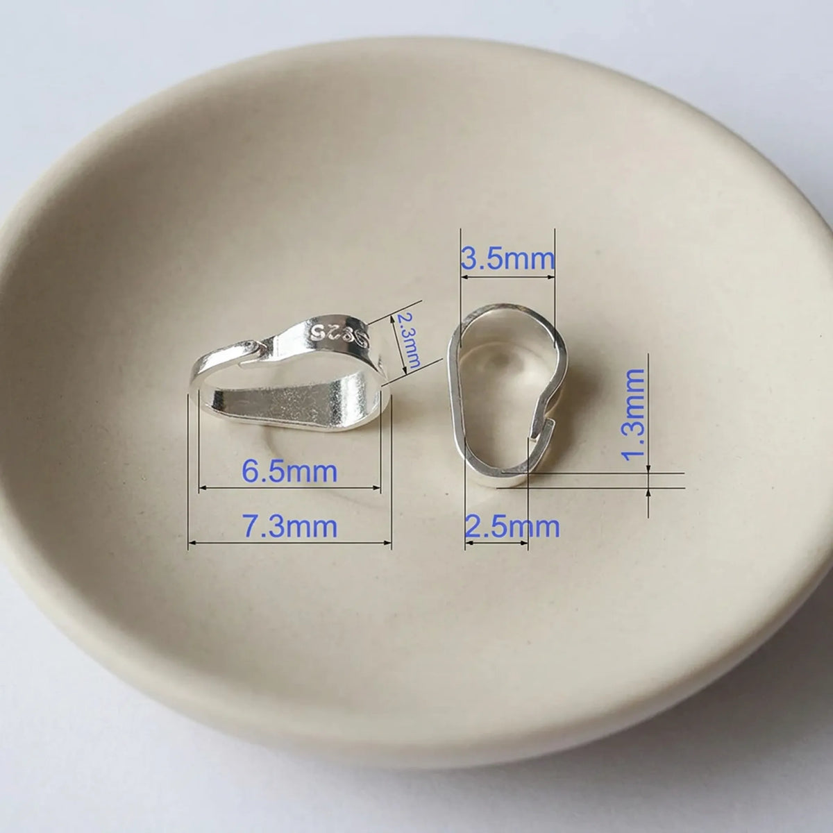 small 925 sterling silver pinch bail dimensions 7.3mm by 3.5mm